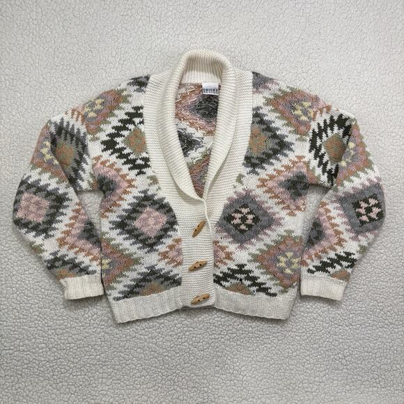 Chico's Sweaters - Vtg Chicos Chunky Knit Cardigan Toggle Button Shawl Collar Southwest Sz M Crop